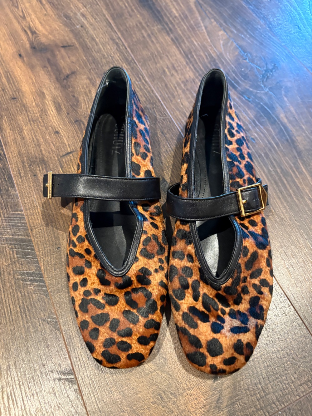 Leopard Print Mary Jane Flats with Black Strap and Gold Buckle